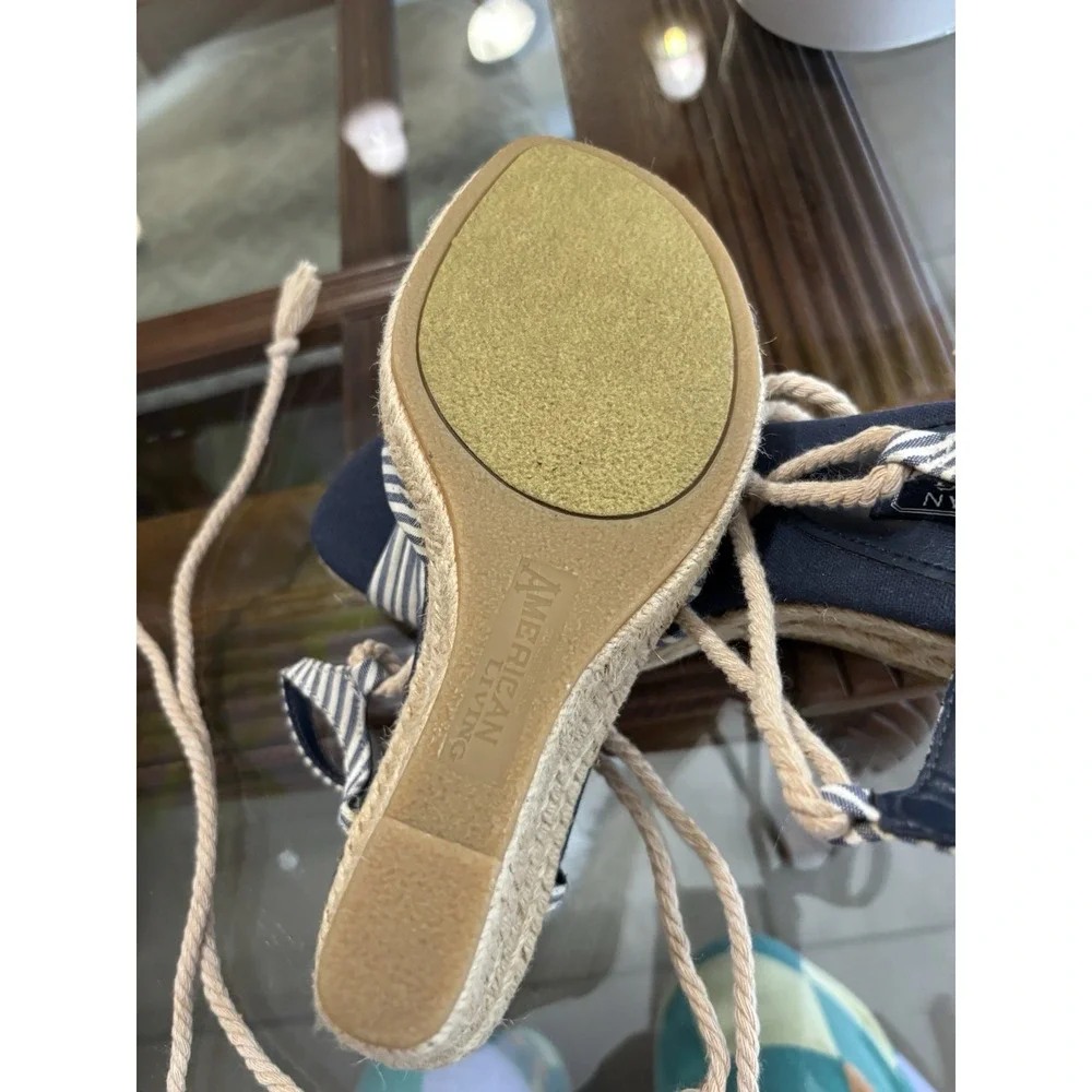 American Living Women's Striped Leather Wedge Espadrille Sandals Bow US 8.5